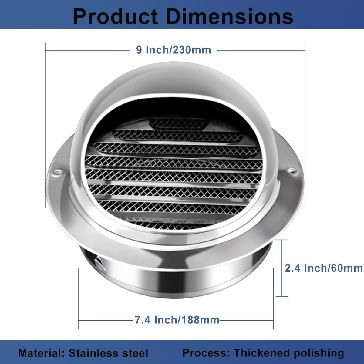 2Pcs Stainless Steel Soffit Vent, Round Ventilation Grille with Fine Mesh, Ceiling Vent Cover for Home HVAC System, Silver Vent Cover for Air Circulation, Durable & Rust-Resistant(190mm/7.5in)