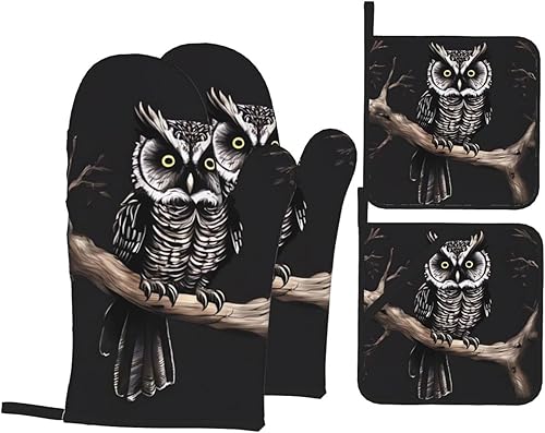 Juego de guantes de horno y soportes para ollas con estampado de búhos nocturnos, 4 unidades, guantes de horno de cocina resistentes al calor y
