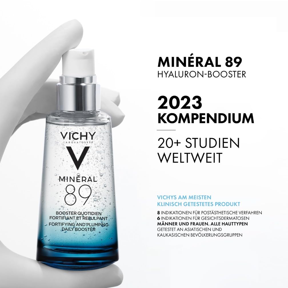 Vichy Minéral 89 Feuchtigkeitsspendender und aufpolsternder täglicher Booster: Hyaluronserum mit Polyglutaminsäure für intensive Feuchtigkeit, 30 ml