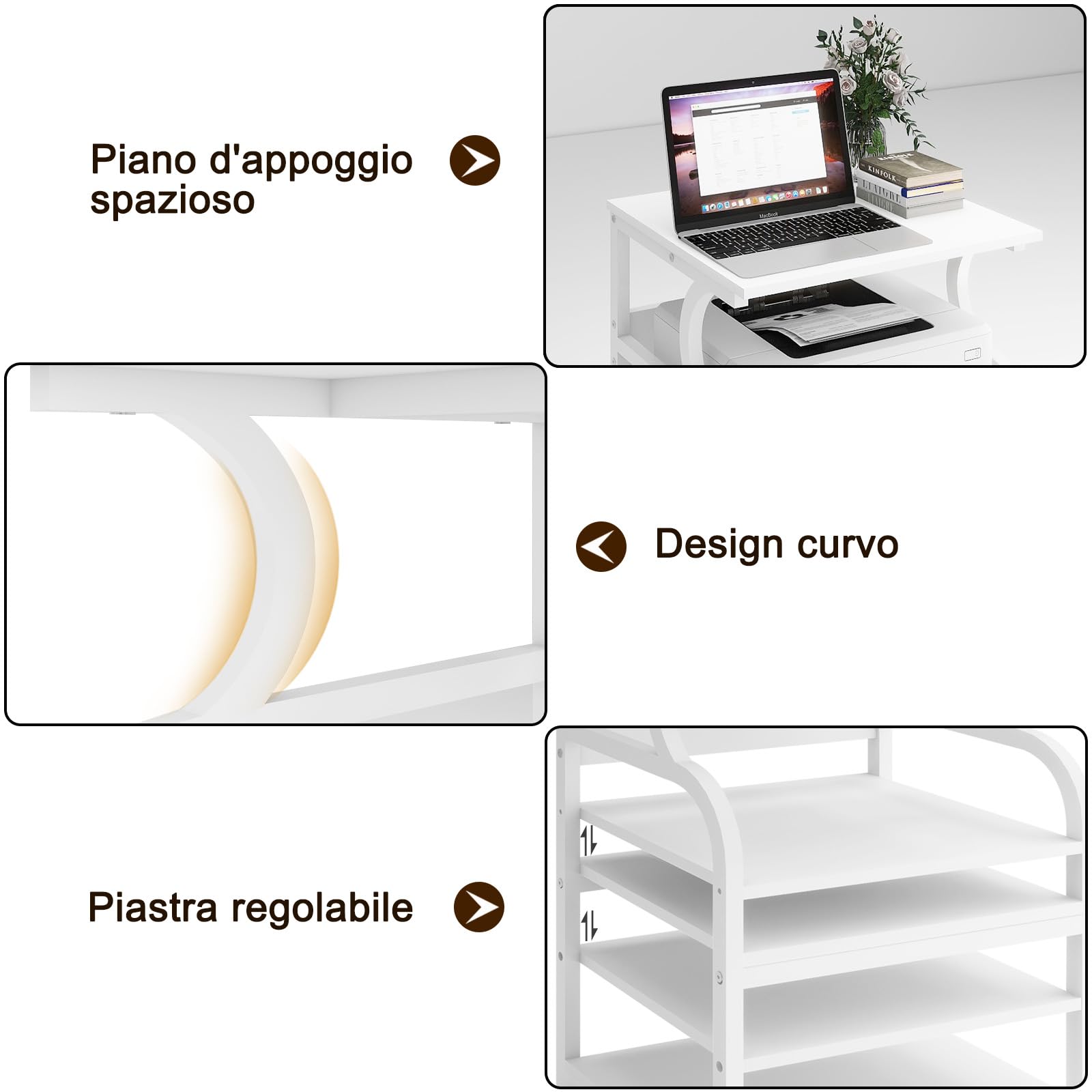 PUNCIA Supporto per Stampante 60x50CM Scaffale per Stampante in Legno Tavolino con Ruote per Documenti Mobiletto per Fotocopiatrice 3D Carrello per Scanner Fax per Ufficio e Casa (Bianco)