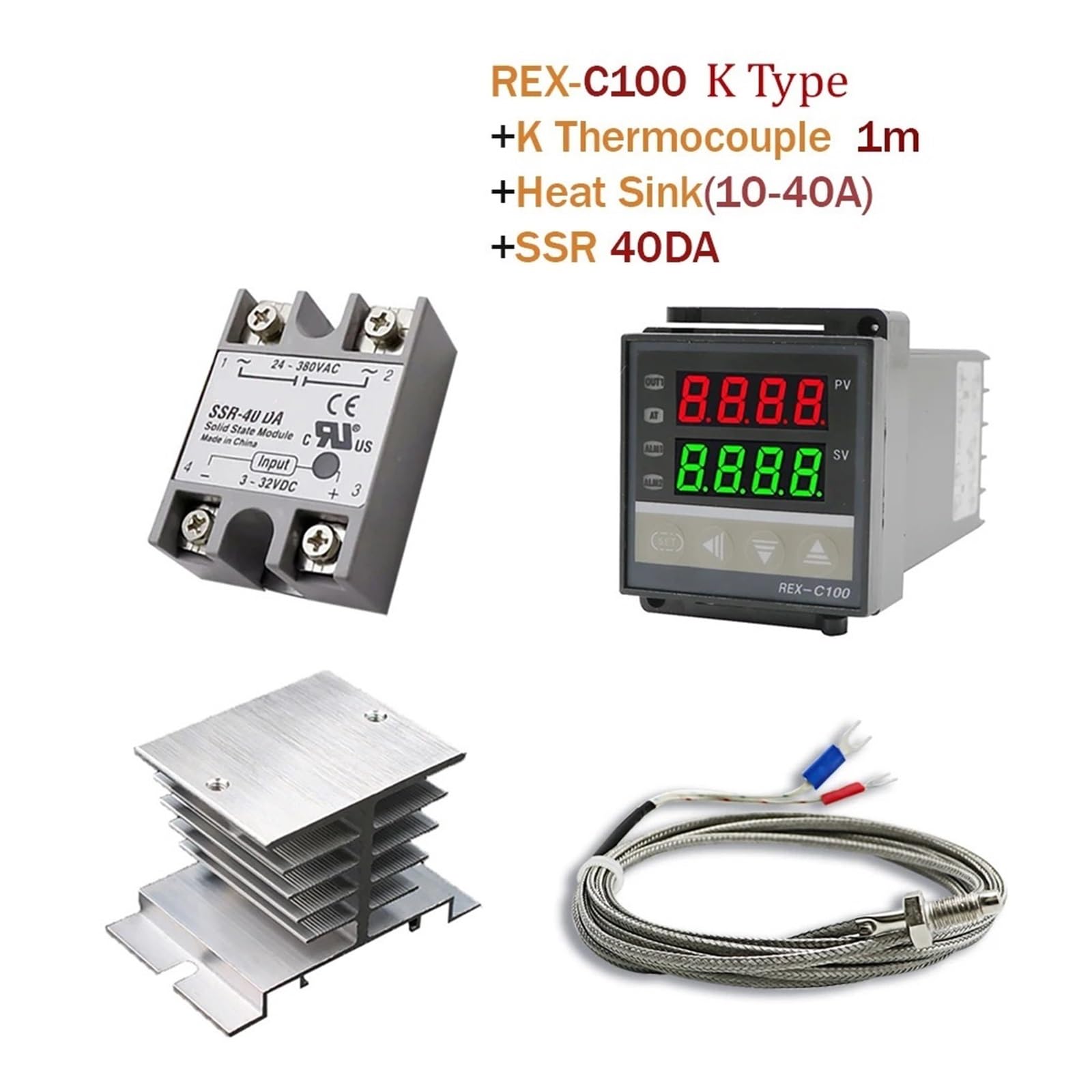 Controlador de Temperatura Controlador de Temperatura PID Digital, termostato REX-C100 + relé SSR SSR-40DA de 40 A máx. + termopar K, sonda M6 de 1 M con disipador de Calor.(40DA Heat Sink)