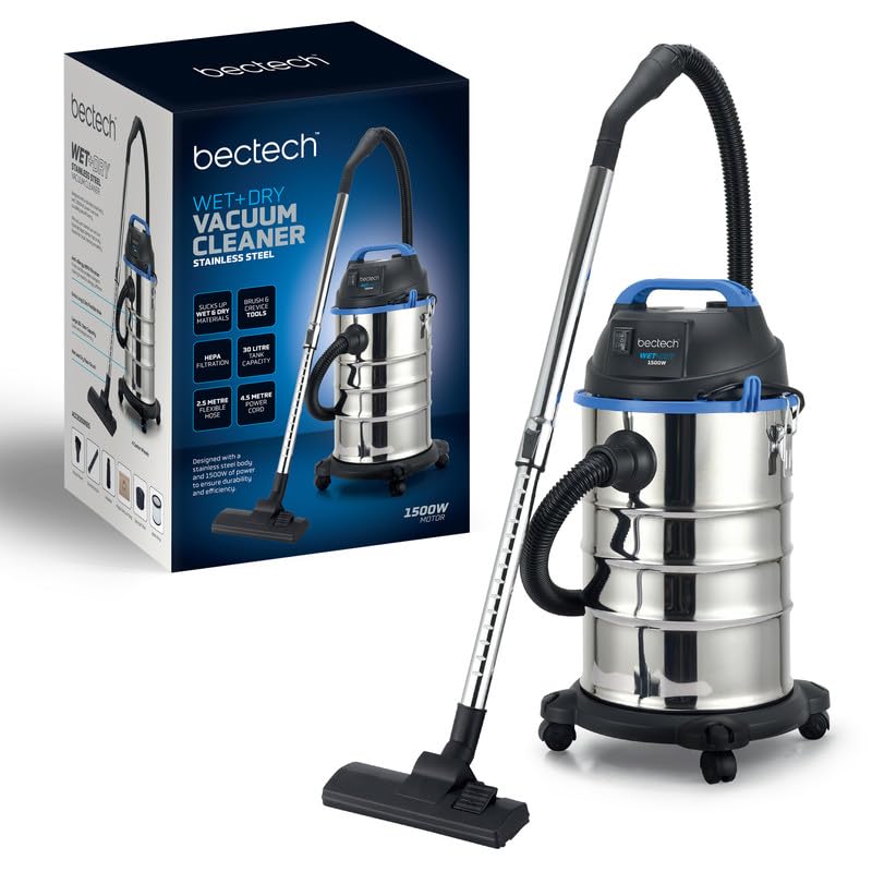 1500W Wet Dry Vacuum Cleaner | 30 Litre | 2.5m Flexi Hose | 4.5m Long Power Cord | 4 Wheels | Power Tools Sander Dust Extractor | Easy Drainage Spout | Plug for Power Tools | Blower Function Dust Leaf