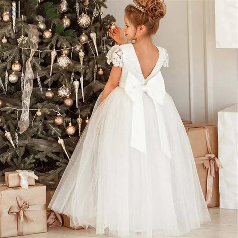Tulle Pageant Dresses for Girls Puffy Flower Girls Lace Sleeve Dress for Wedding Kids Tutu V-Back Prom Ball Gown2