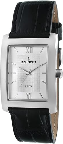 Peugeot Reloj de pulsera para hombre con esfera de números romanos con textura rectangular y correa de cuero