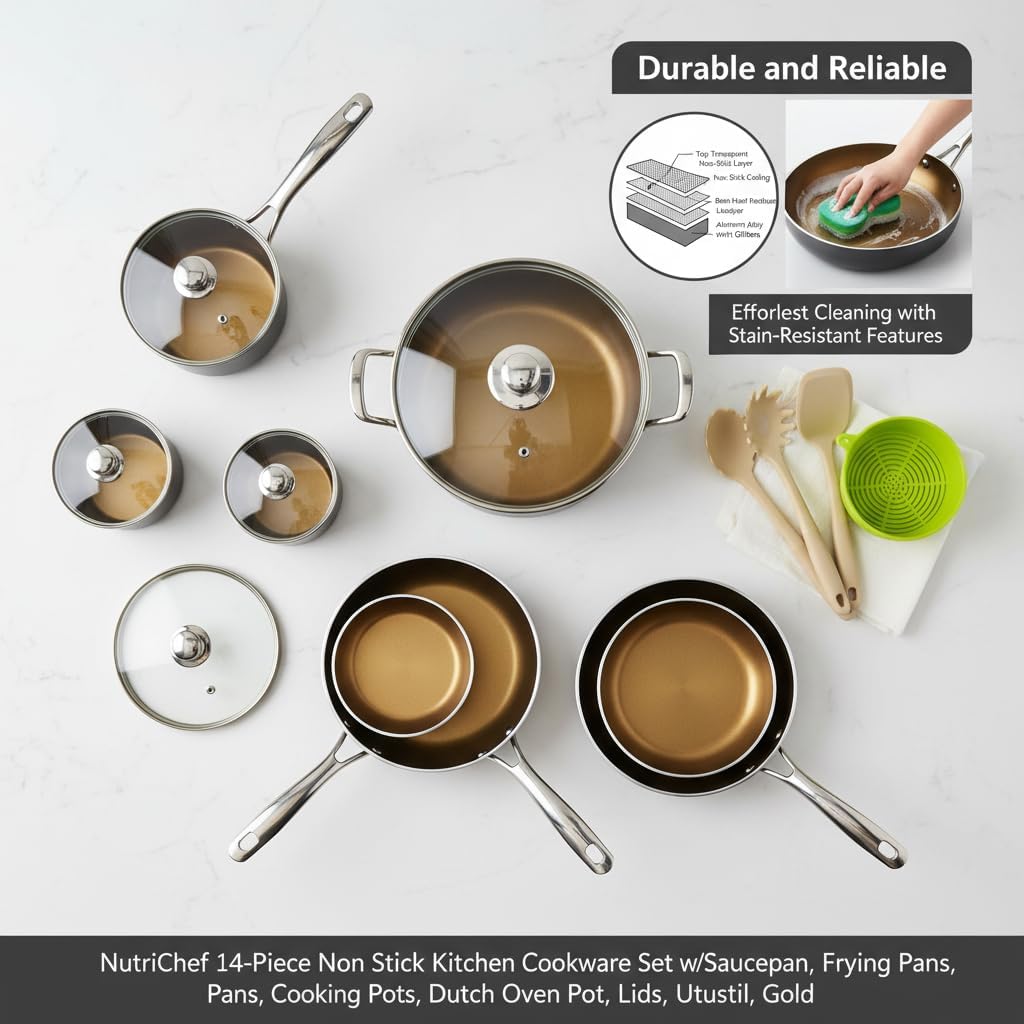 NutriChef 14-Piece Non Stick Kitchen Cookware Set w/Saucepan, Frying Pans, Cooking Pots, Dutch Oven Pot, Lids, Utensil, Gold