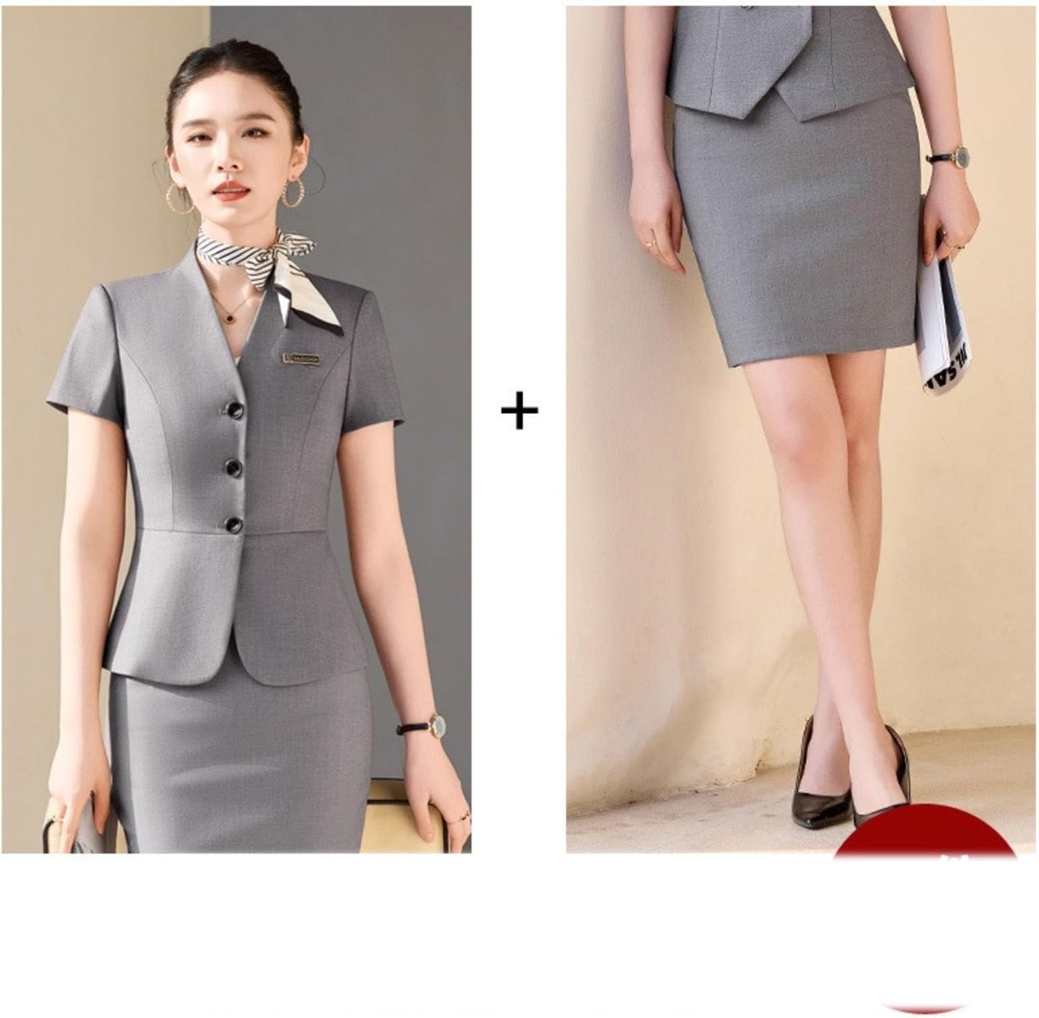 Short Sleeve Blazer and Skirt Set Women's Summer Office Workwear Uniform