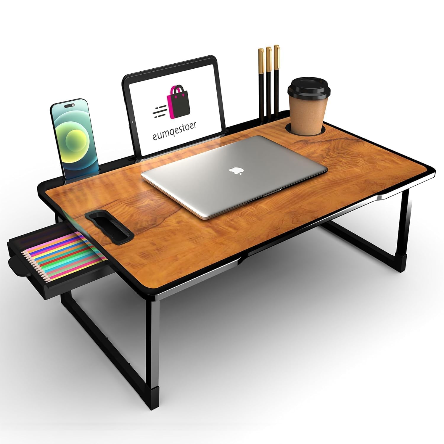 AUNO Stylish Multi-Purpose Portable Laptop Table, Foldable Wooden Desk for Bed Tray, Laptop Table, Study Table with Mug Holder, Ergonomic, Non-Slip Legs in Bed Table (COTTED,Wood)-image-0