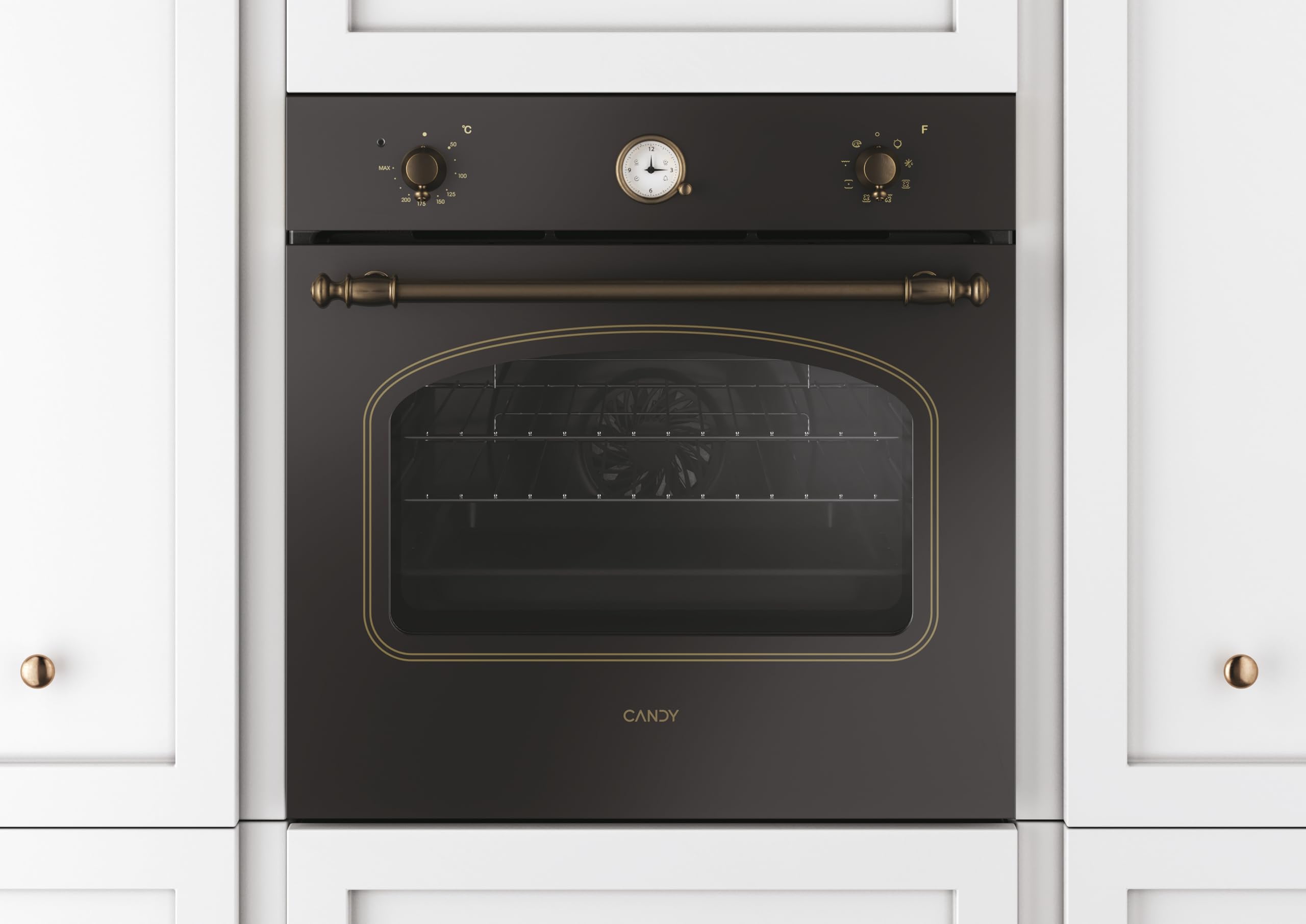 Candy Classic Forno Elettrico da Incasso Ventilato, 65 Litri, Classe A+, Funzione Pizza, 8 Programmi di Cottura, Design Rustico con Orologio Analogico, 59,5 x 59,5 x 56,8 cm, Nero - FCC604GH/E