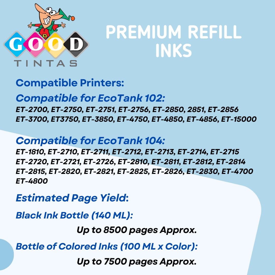 102 104 Tinta Compatible con Epson Ecotank 102 104 (BK 140ML, CMY 100ML) Cartucho de Tinta para Impresora ET-1810 ET-2710 ET-2750 ET-2812 ET-2814 ET-2850 ET-3700 ET-3850 ET-4700 ET-4750
