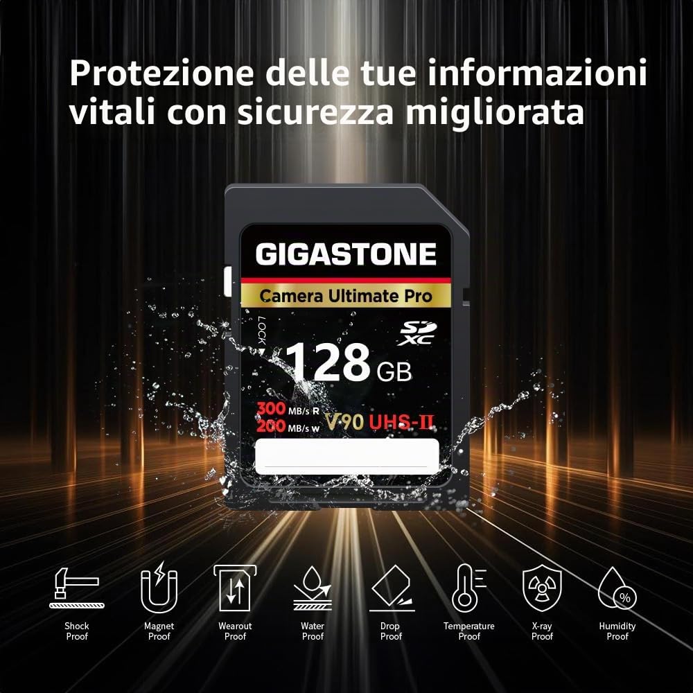 【Recupero dati gratuito per 5 anni】GIGASTONE UHS-II V90 128 GB SD Card Camera Ultimate Pro, fino a 300/200 MB/s, U3 SDXC 4K Ultra HD UHD Video per DSLR Canon/Nikon/Sony/Pentax, con 1 mini custodia