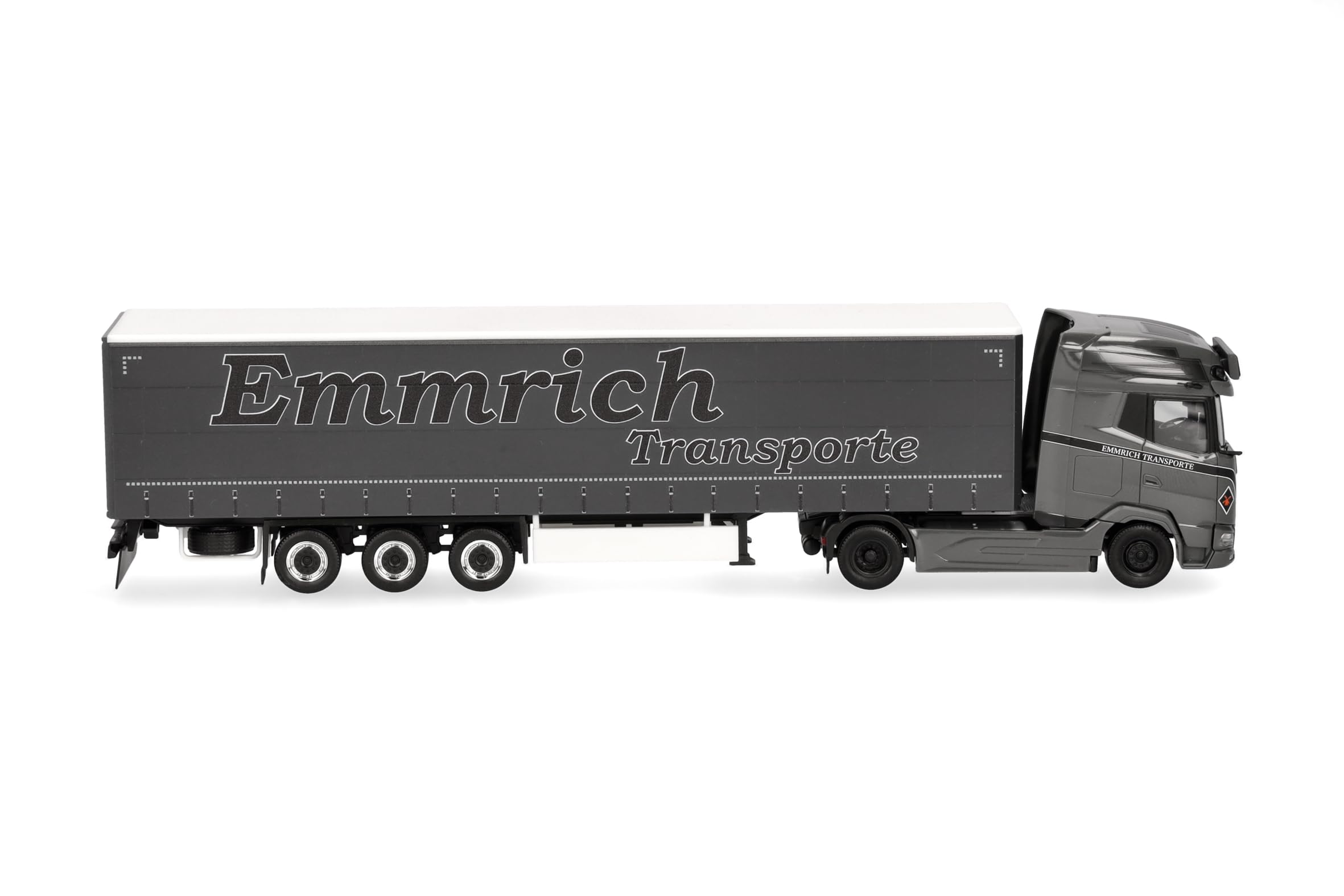 Herpa model ciężarówki DAF XG+ zestaw z naczepą kurtynową „Emmrich Transporte”, miniatura w skali 1:87, model kolekcjonerski, Made in Germany, tworzywo sztuczne
