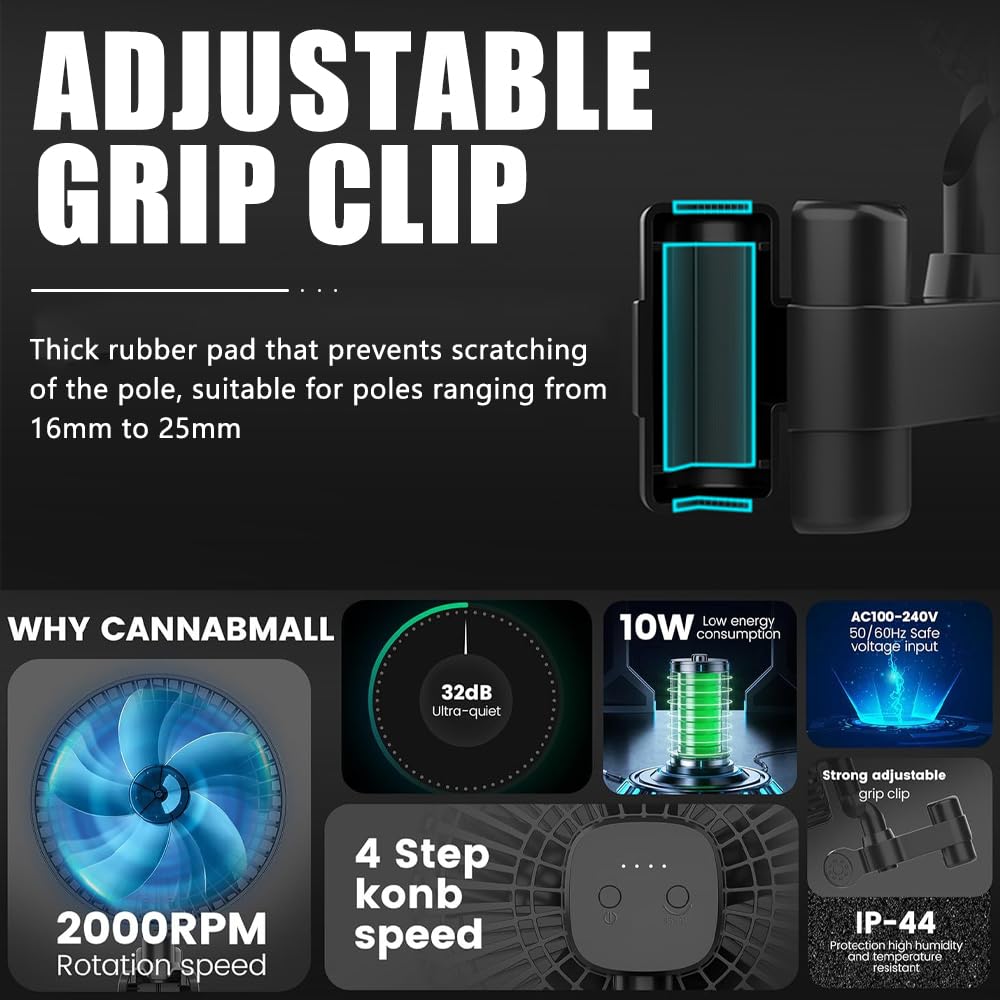 Grow Ventilator mit Clip EC-Motor, 10w Clip-Ventilator Oszillierender, 4-Stufen, 32 dB Umluftventilator leise für Zelt,Anklemmventilator, 150 cm Kabel, Grow lüfter für Zelt und Growbox