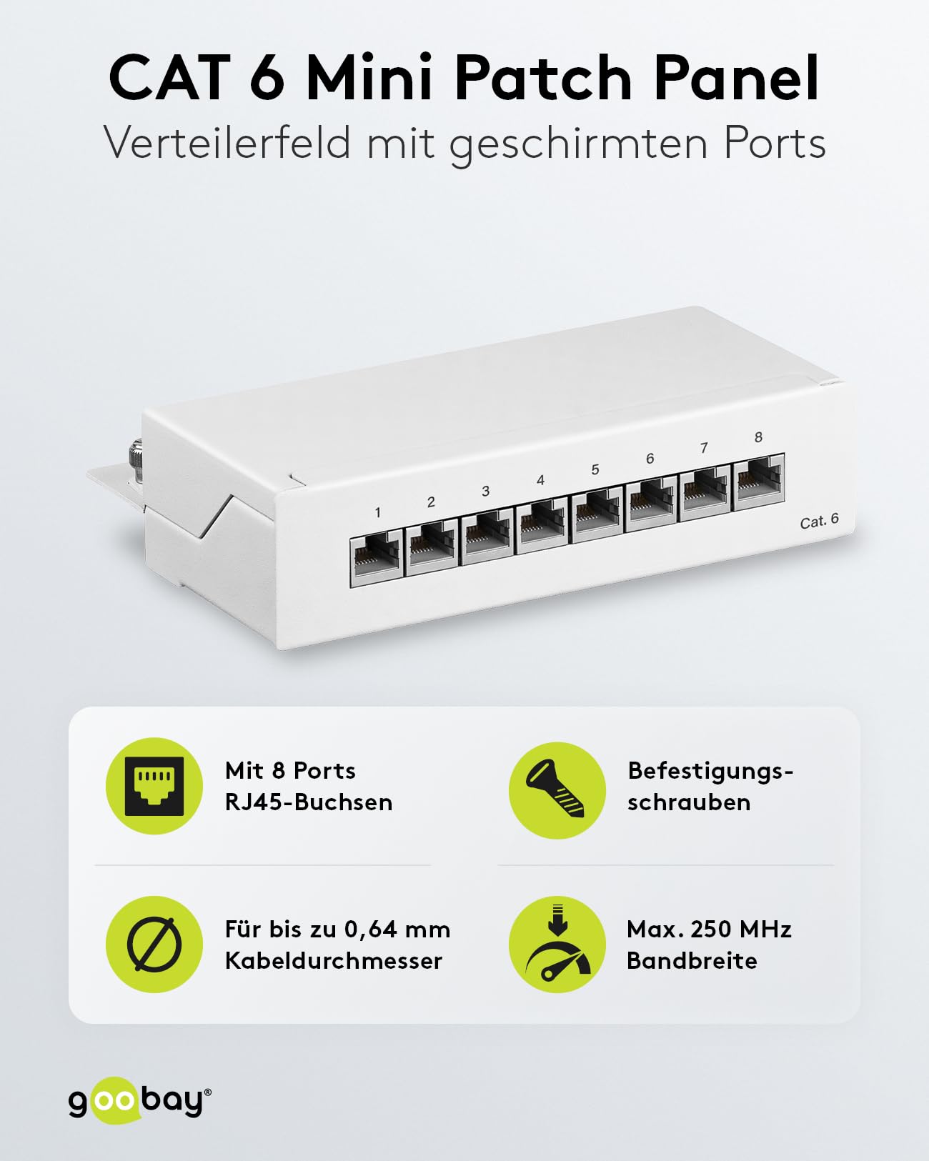 Goobay Cat 6 Mini/Desktop Patch Panel, 8 puertos, color blanco – STP, color blanco