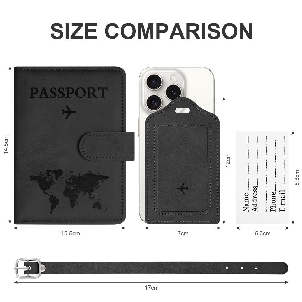 OFFCUP Passport Case, RFID Blocking Passport Sleeves, Passport Cover with Label PU Leather Suitcase for ID Cards Credit Cards, Passport Pass, Black - 3