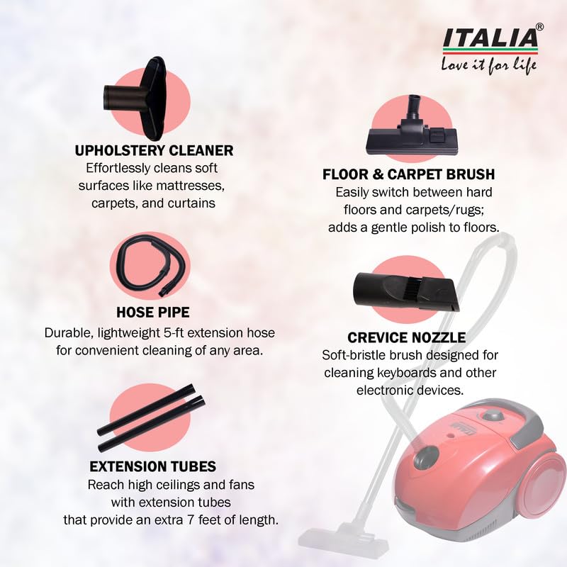 Image of ITALIA 1500W Canister Vacuum Cleaner | 1.5L Reusable Dust Bag & Bag-Full Indicator | Auto Cord Rewind | for Deep Cleaning of Home, Floors & Carpets