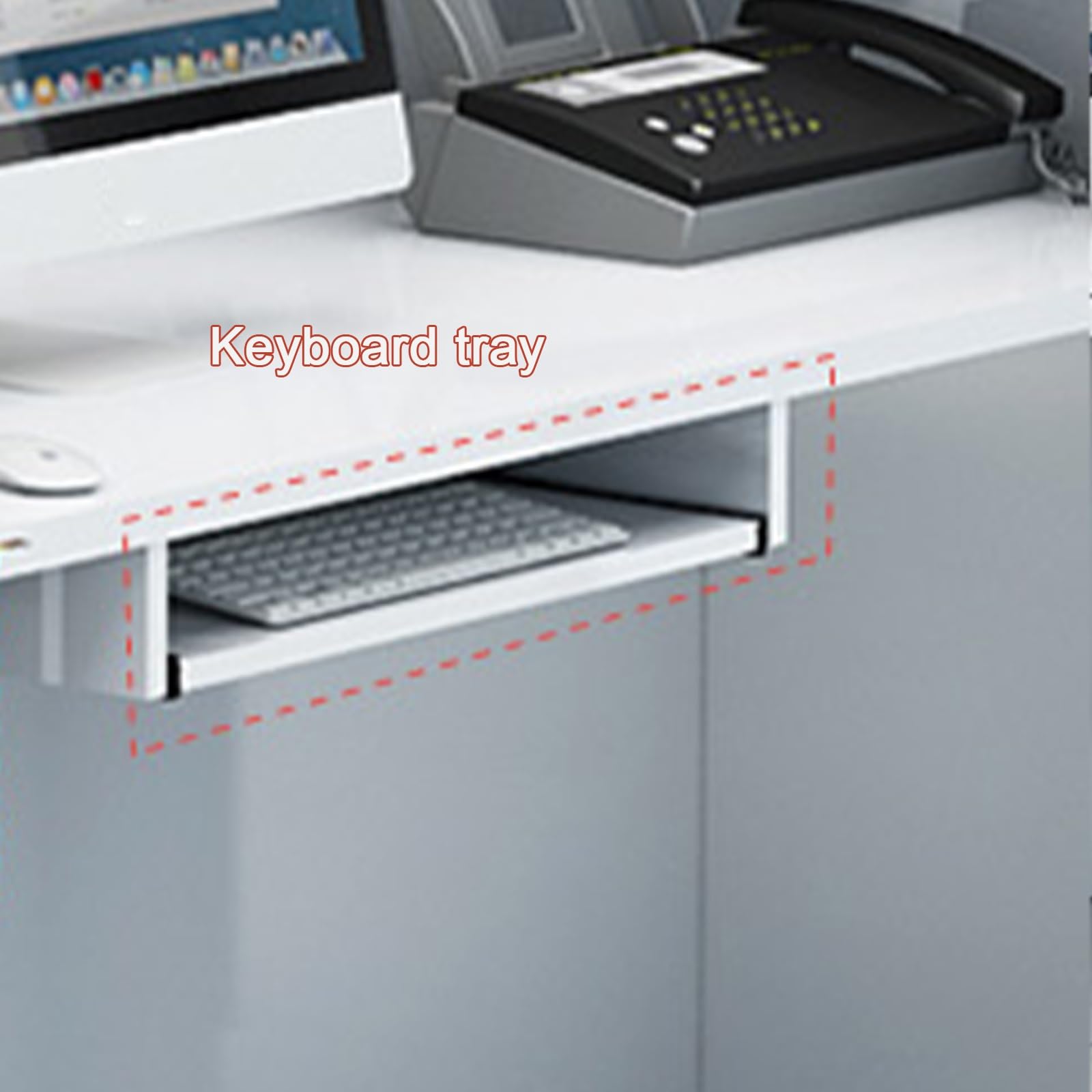 Generico Banco Reception a L con cassetto chiudibile a Chiave, ripiano a Giorno e Vassoio per Tastiera, Elegante bancone per Salone, Ufficio o Hall, Arancione, 140 cm