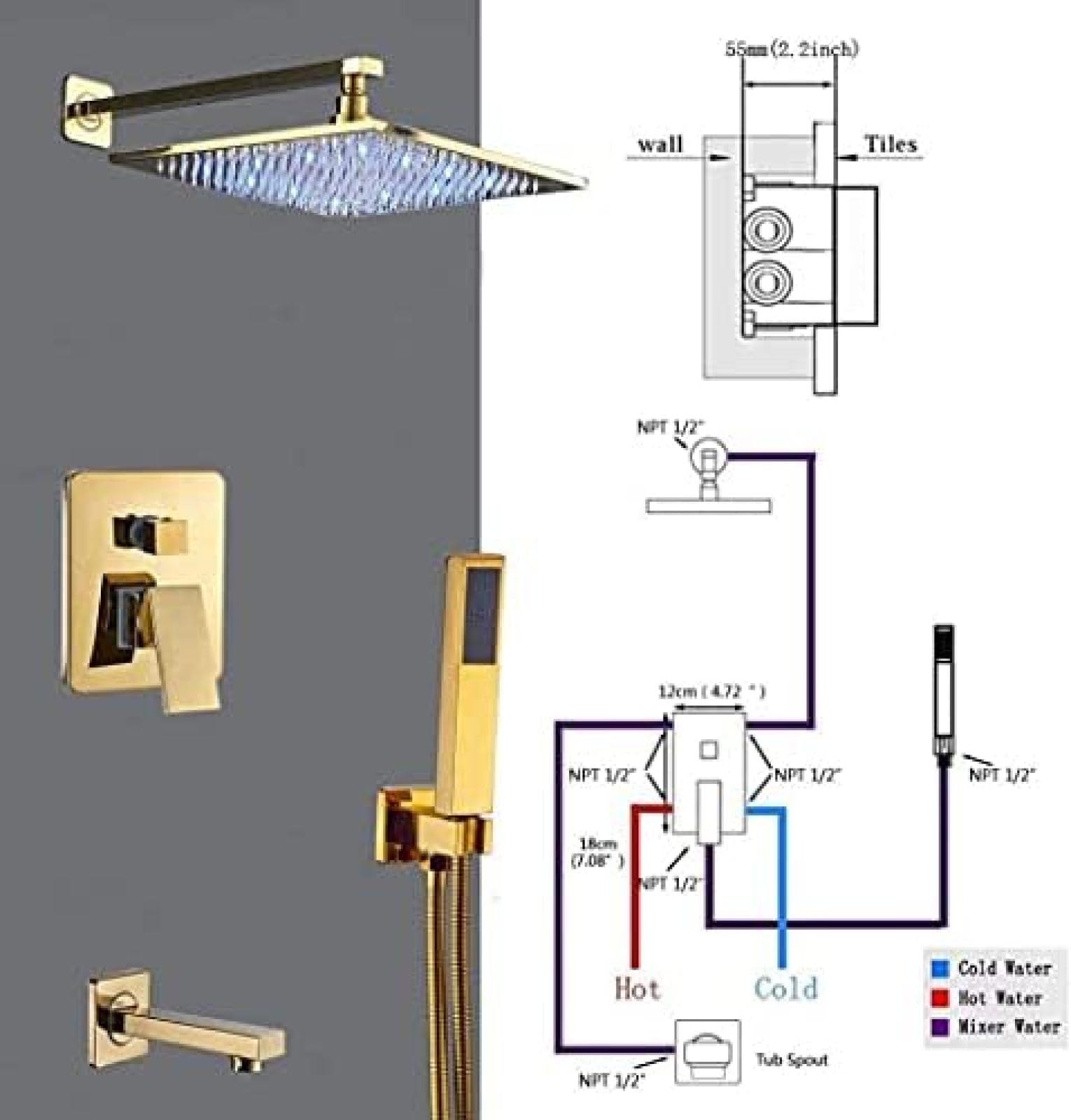 Sistema de Ducha, Juego de Ducha de Lluvia con luz LED, Kit Mezclador de 3 vías, Grifo de bañera con rociador de Mano, Color Dorado - 10 Pulgadas, 16 Pulgadas (16 Pulgadas)