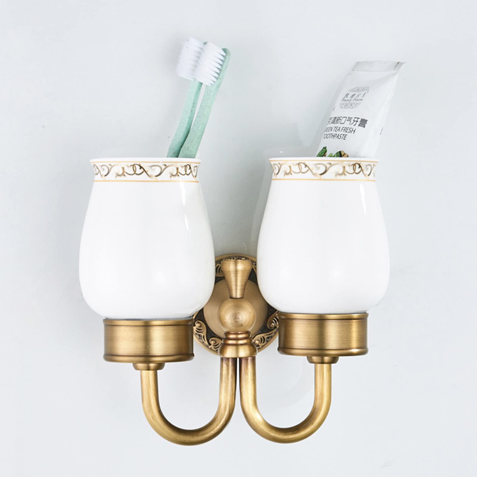 Soporte para Cepillo De Dientes, Cepillo De Dientes De Latón Retro con 2 Tazas De Cerámica, Soporte para Taza De Cepillo De Dientes De Baño Montado En La Pared para Accesorios De Baño