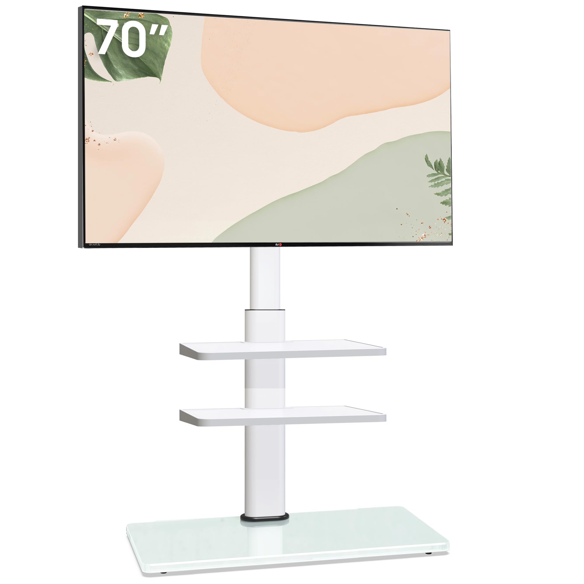 AOKCOS TV Ständer für 32-70 Zoll Flach&Curved Fernseher, TV Bodenständer Höhe 1350mm, Höhenverstellbar Schwenkbar Neigbar Fernsehständer 3 Stufigen Regalen, Max.VESA 400x400mm bis zu 40kg (Weiß)