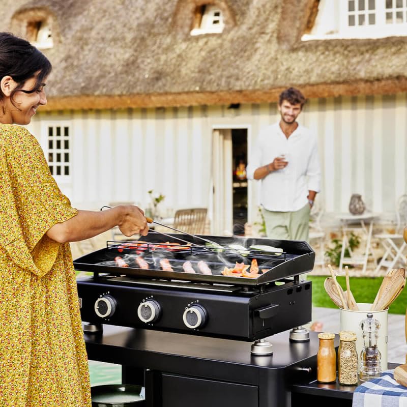 BRASERO BY FAVEX – Plancha gaz Silvia IIG 3 feux – Plaque acier revêtement céramique 67 x 34 cm – 7,95 kW – Jusqu'à 10 convives – Capot de protection inclus