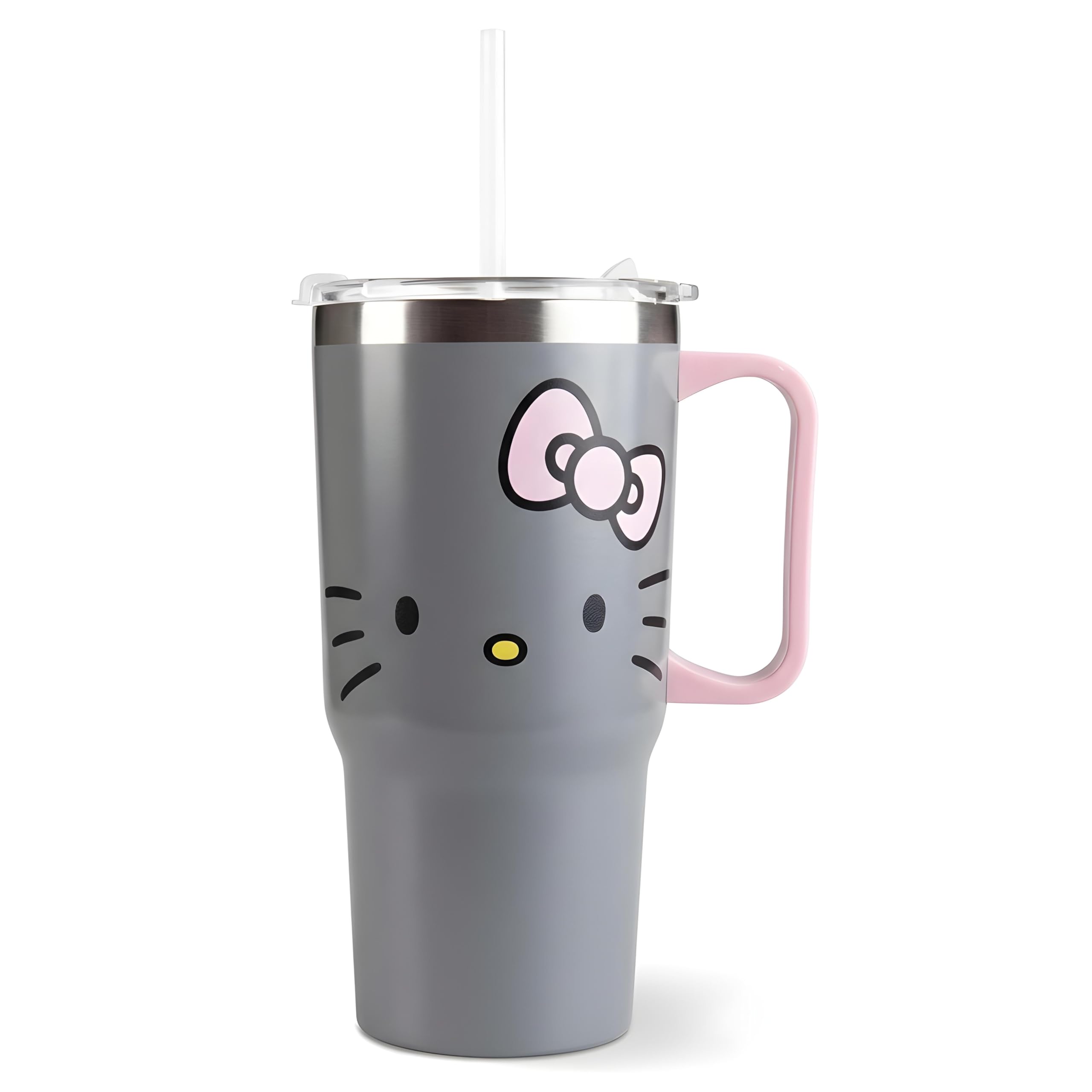 Hello Kitty - Vaso con tapa y pajita para niños, 540 ml, con asa, color gris, apto para bebidas frías