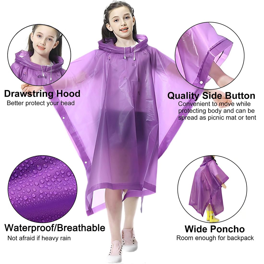 Poncho Impermeable Niños, Espesar Reutilizable EVA Chubasquero con Capucha y Botones para Niño Niña, Infantiles Traje de Liuvia con Capucha y Botón para Escuela Senderismo Ciclismo Viajes