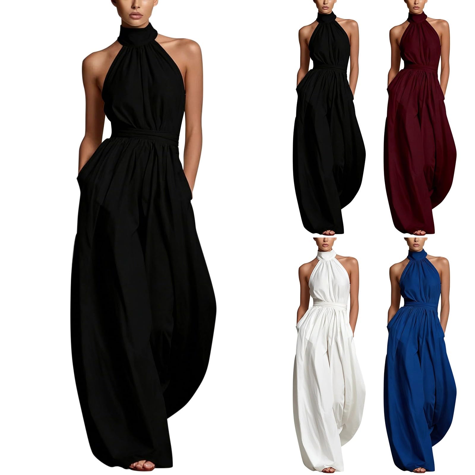 Tuta da donna elegante per matrimonio, taglie forti, pantaloni con allacciatura al collo | Tuta intera a gamba larga con tasche, vestibilità ampia, tinta unita, per ospiti di nozze