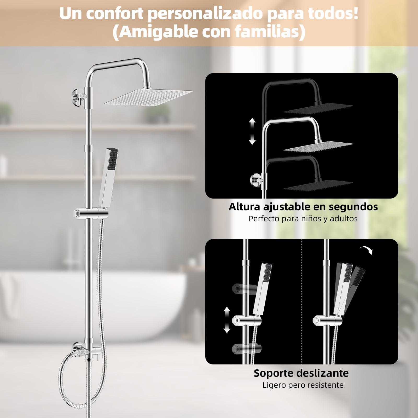Hibbent Set de Ducha de Lluvia en Metal con Mano 4 Modos, Altura Ajustable, Kit sin Grifería, Válvula de Desvío en Latón, Cromado