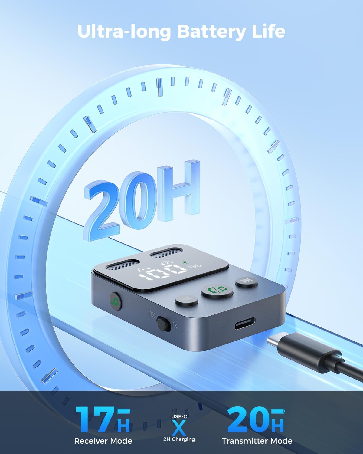 SUPERONE Bluetooth adapter charging via USB-C, with a graphic indicating 20 hours of battery life.