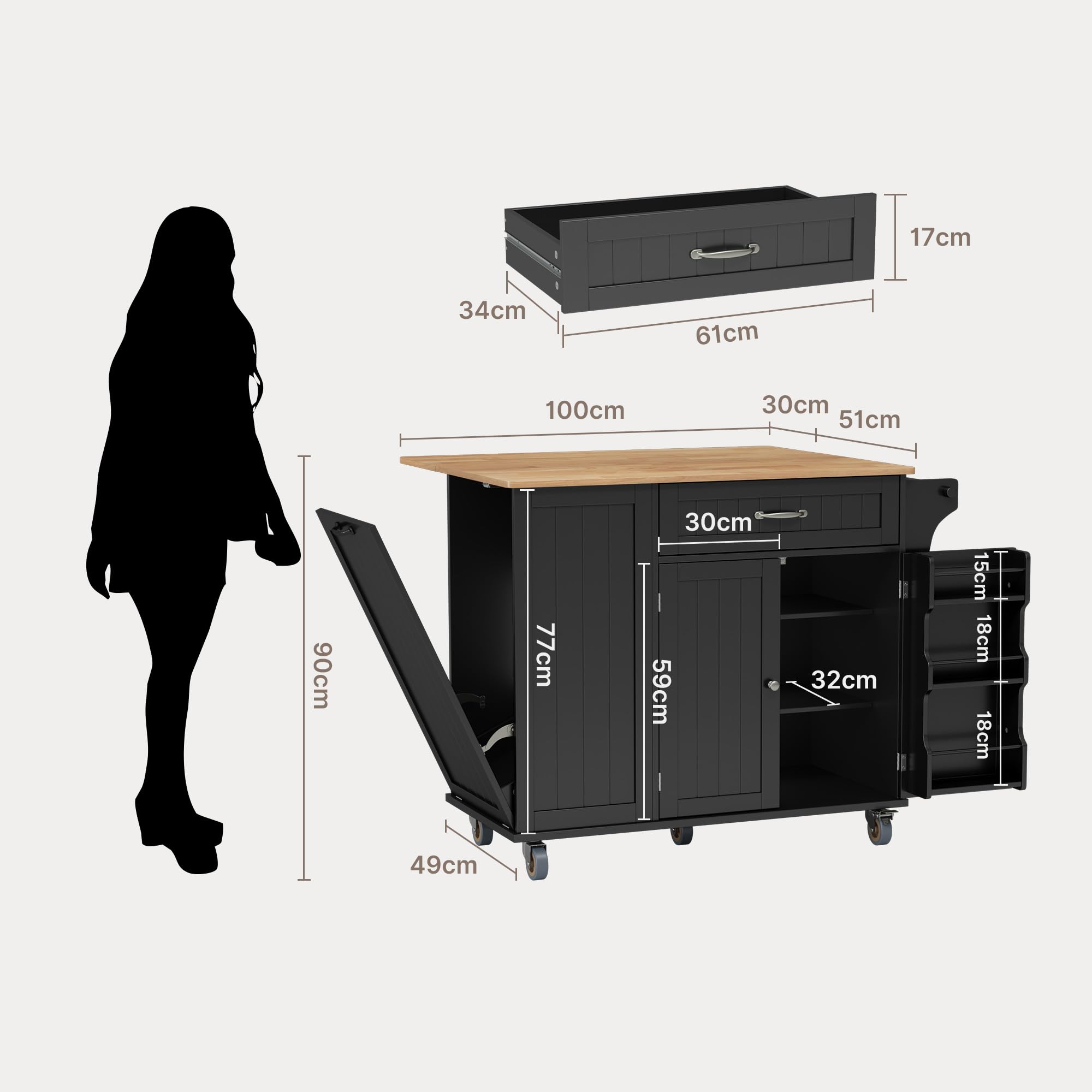 Xbro Îlot de Cuisine avec Emplacement pour Poubelle, Îlot de Cuisine sur roulettes, Meuble de Cuisine avec Plan de Travail Rabattable, Porte-Couteaux, Porte-Serviettes, 113 x 51 x 90 cm, Noir