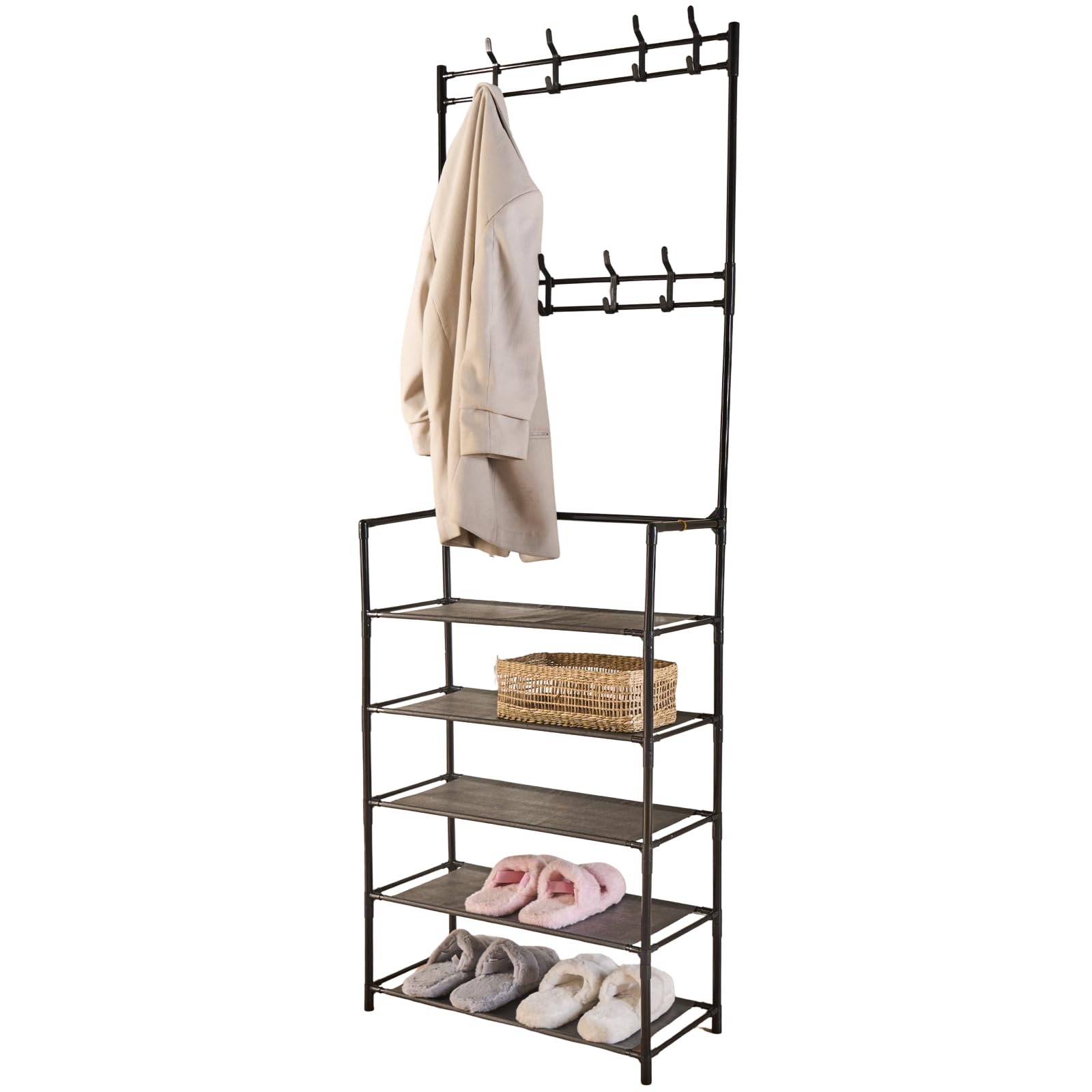 Ohs Black Shoe Rack With Coat Hanger Hooks, Hallway Free Standing Coat Stand Sturdy Metal Framing Easy To Use Hooks Shoe And Coat Rack For Hallway Home Decorative - 169 X 64 X 26Cm