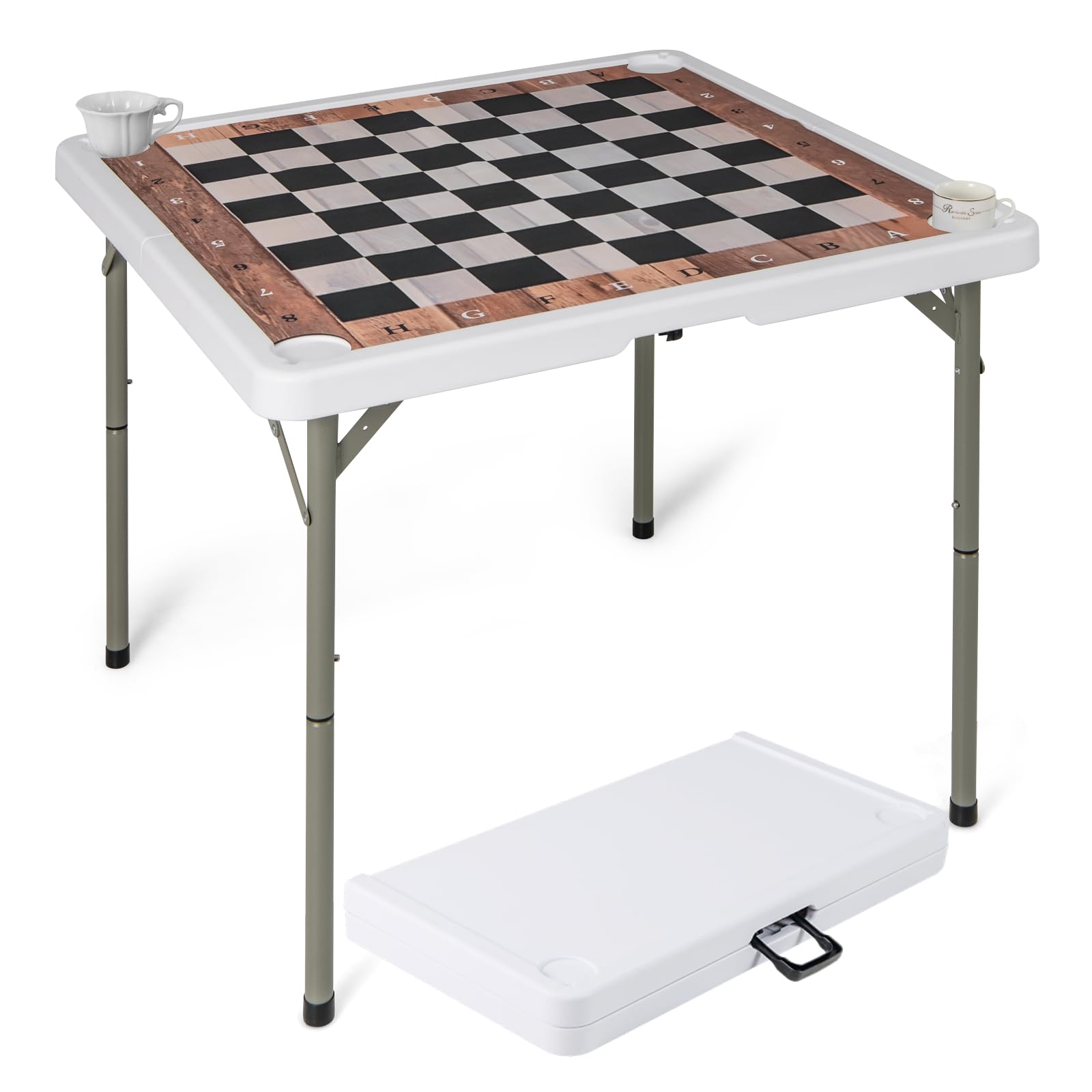 GYMAX Folding Chess Table, 90 CM Square Card Table with Metal Legs, Cup Holders and Removable Mat, Portable Game Tables with Carrying Handle, Ideal for Parties, Picnics, Camping