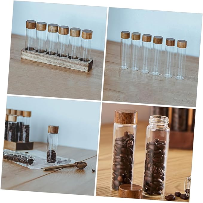 Tubos almacenamiento café vidrio con soporte madera 6 contenedores sellados miniatura 4