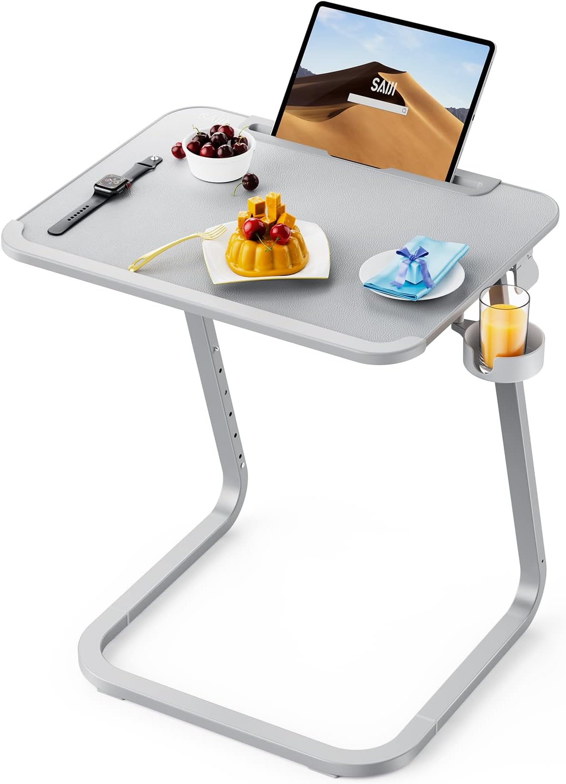 Table For Sofa, Overbed Table, beside adjustable Tray, Sturdier U-shaped legs, TV Tray, Adjustable Height and Angle, with Tablet Slot, Cup Holder, 55 * 39cm