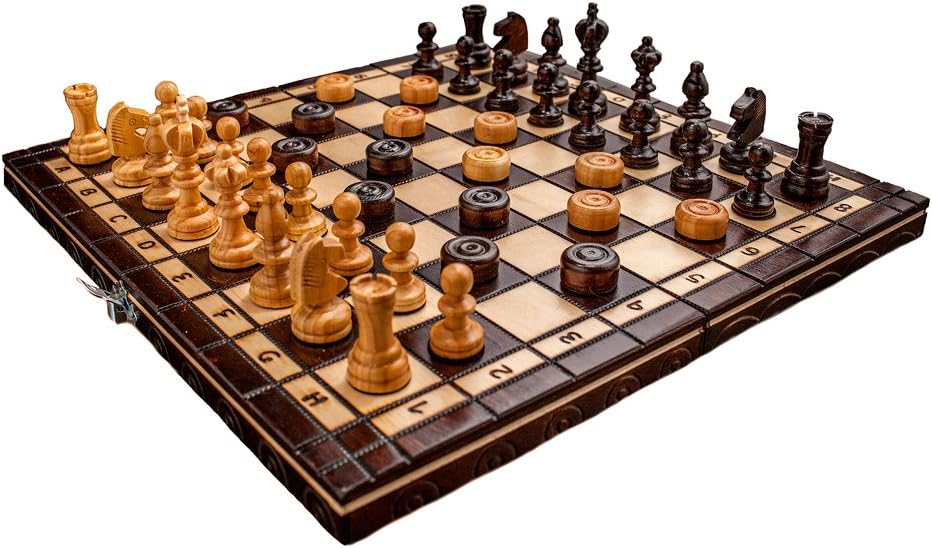Hand Crafted Cherry Wooden Chess and Draughts Set 35 x 35 Centimeter