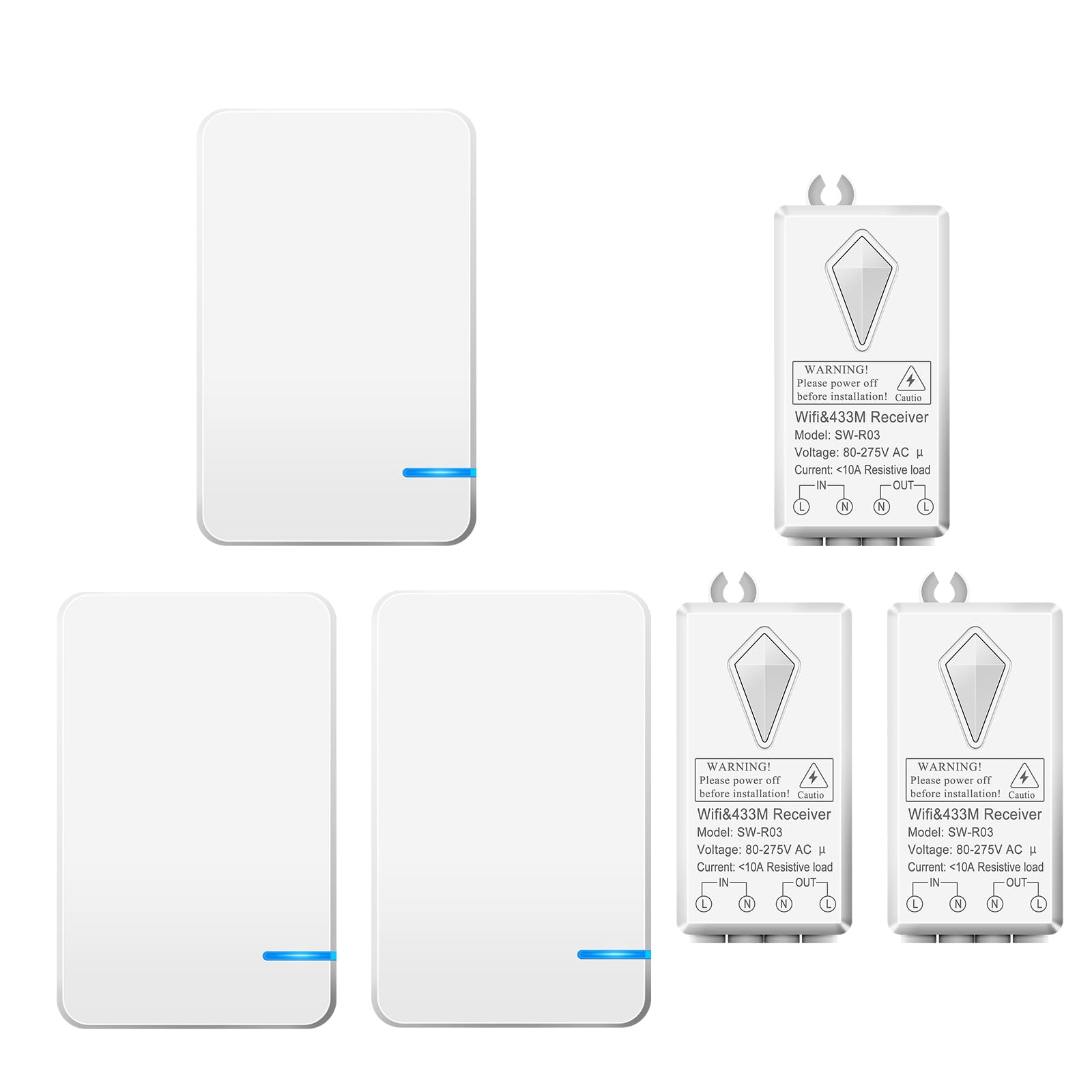 3Stück Kabelloses Lichtschalter-Set WiFi, Mini Switch WiFi Empfänger-Kit, Keine Verkabelung Sprachsteuerung Timing-Funktion IP66 Wasserdicht, Kompatibel mit Alexa Google Assistant Tuya Smart Life APP
