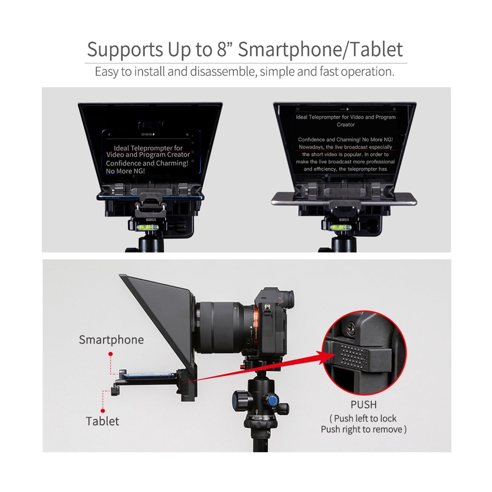 Teleprompter, Mini-Teleprompter 8 Zoll tragbar unterstützt unter 8 Zoll Smartphone-Tablet-Aufforderung Smartphone-Kamera, Online-Lehre Live-Streaming