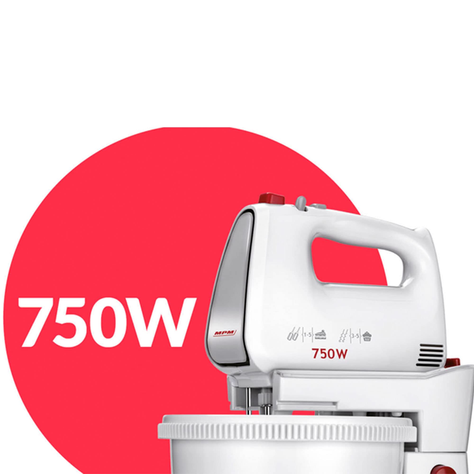 MPM MMR-22Z Mélangeur à Pâtisserie avec 2 Bols Rotatives 3L, sans BPA, Robot Pâtissier Boulangerie Cuisine, 5 Vitesses + Turbo, Tiges et Crochet Pétrisseur en Acier Inoxydable, Blanc, 750W