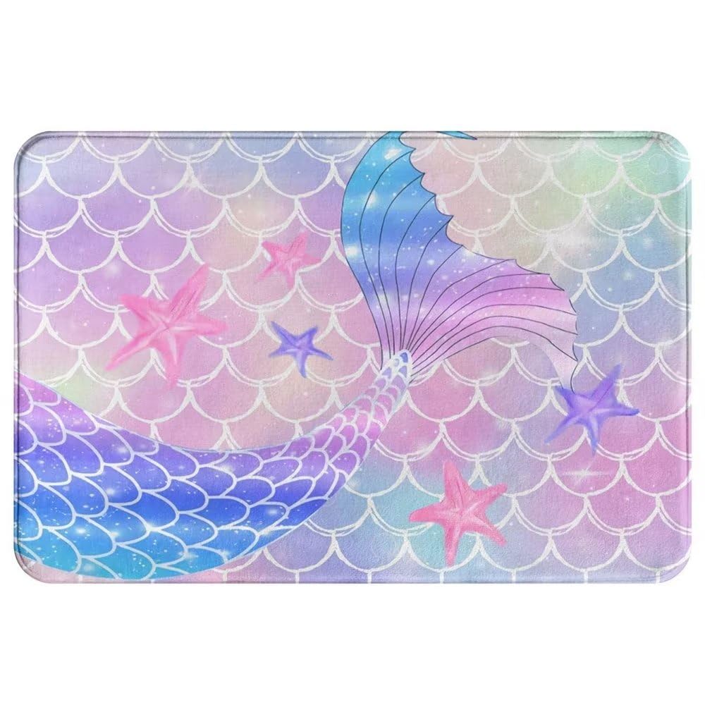 Pink Mermaid Bathroom Rug Decor for Girls,Cute Funny Ocean Mermaid Scales Tail Bath Mats for Kids Princess, Non Slip Soft Flannel Entryway Door Mat