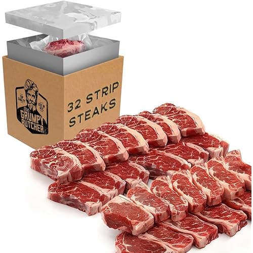 Grumpy Butcher New York Strip Steaks, 32 Pack (10 oz each) - Prime Steakhouse Quality Beef NY Strip Steak Meat - For Delivery in Bulk Food Packaging