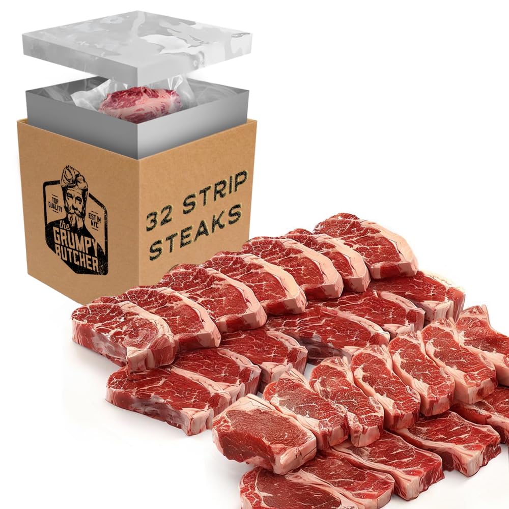 Grumpy Butcher New York Strip Steaks, 32 Pack (10 oz each) - Prime Steakhouse Quality Beef NY Strip Steak Meat - For Delivery in Bulk Food Packaging