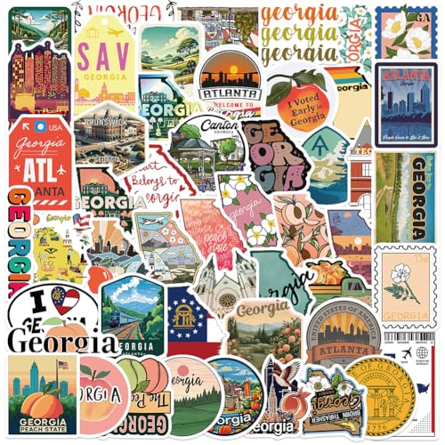 Georgia Stickers |50Pcs Peach State Waterproof Vinyl Decals for Water Bottles Laptop Refrigerator Luggage Cup Computer Mobile Phone Skateboard