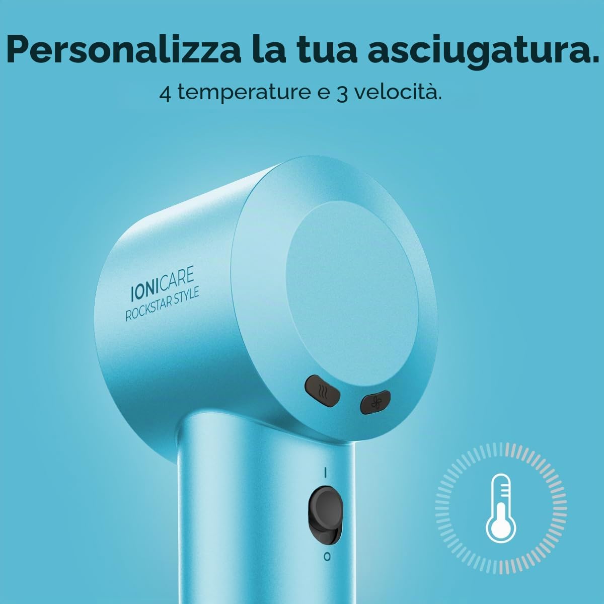 Cecotec Asciugacapelli Ionicare Rockstar Style Blue. Compatto E Leggero 1500W Con Motore Brushless, 110.000 Rpm, Generatore Di Ioni, Impostazioni Temperatura E Velocità, Design Portatile