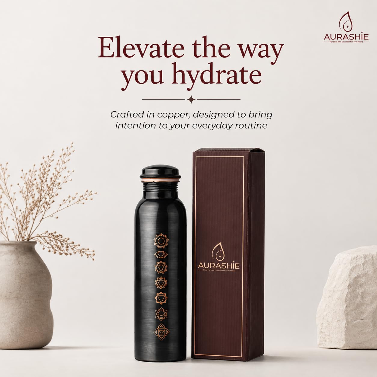 Pure Copper Water Bottle - 1L with Chakra Design -3