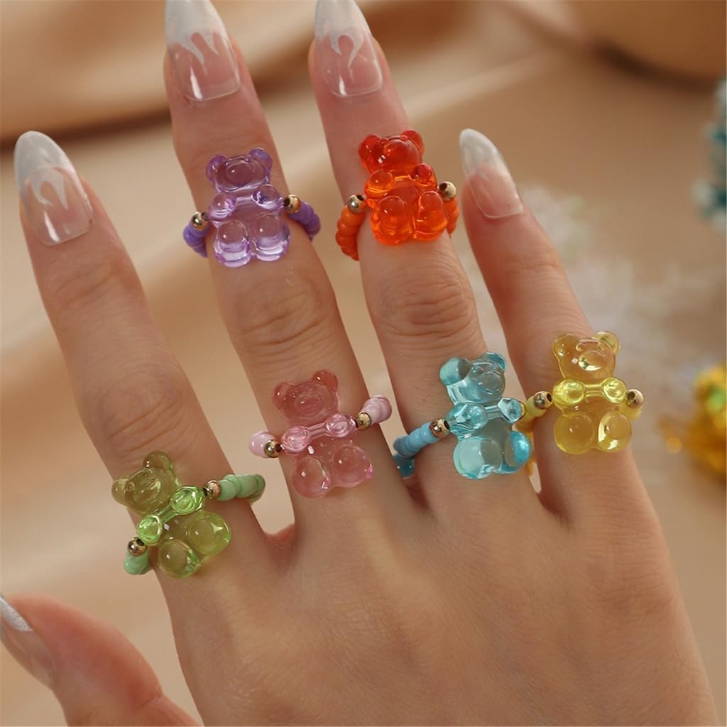 6pcs Beaded Bear Rings Jewelry Comfortable Finger Rings for Special Occasions