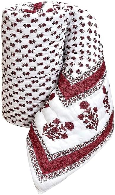 Ahnef Furnishing Jaipuri Rajasthani Traditional Light Weight Pure Cotton Single Bed Soft Jaipuri AC Quilt/Razai Pink Flower Print (Size 85 X 55 inch Hand Stitch Including)| TC - 460