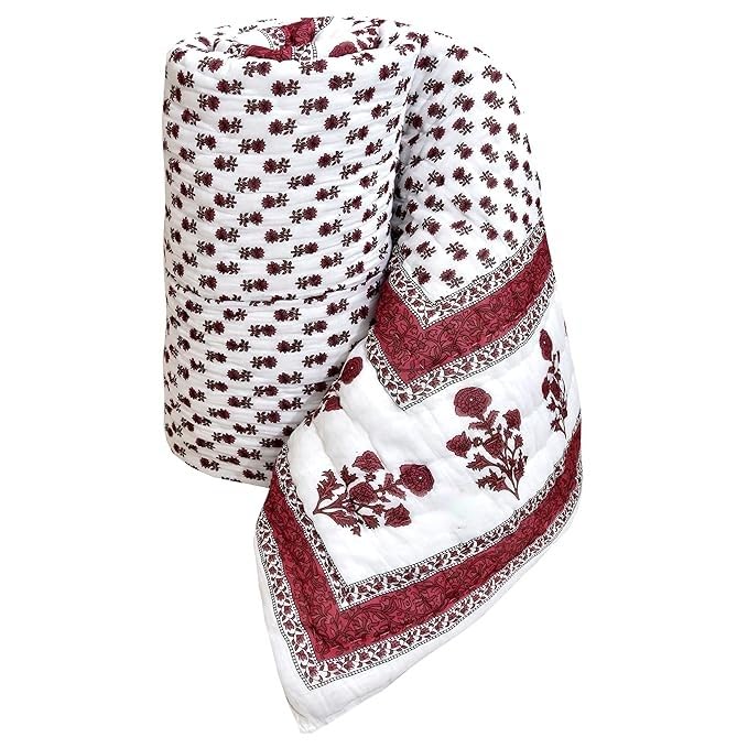 Ahnef Furnishing Jaipuri Rajasthani Traditional Light Weight Pure Cotton Single Bed Soft Jaipuri AC Quilt/Razai Pink Flower Print (Size 85 X 55 inch Hand Stitch Including)| TC - 460