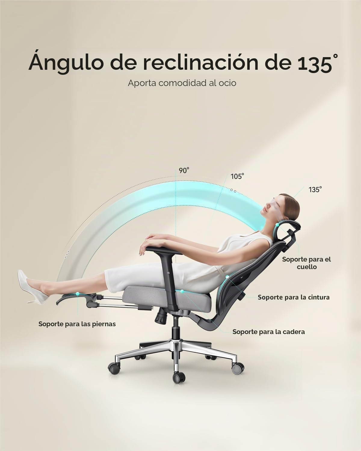 Hbada P5 Silla de Oficina ergonómica con Soporte Lumbar Ajustable, cojín elástico Transpirable, reposabrazos Ajustables y reposacabezas, Reposapiés Integrado, Negro (Aluminium, Blanco)