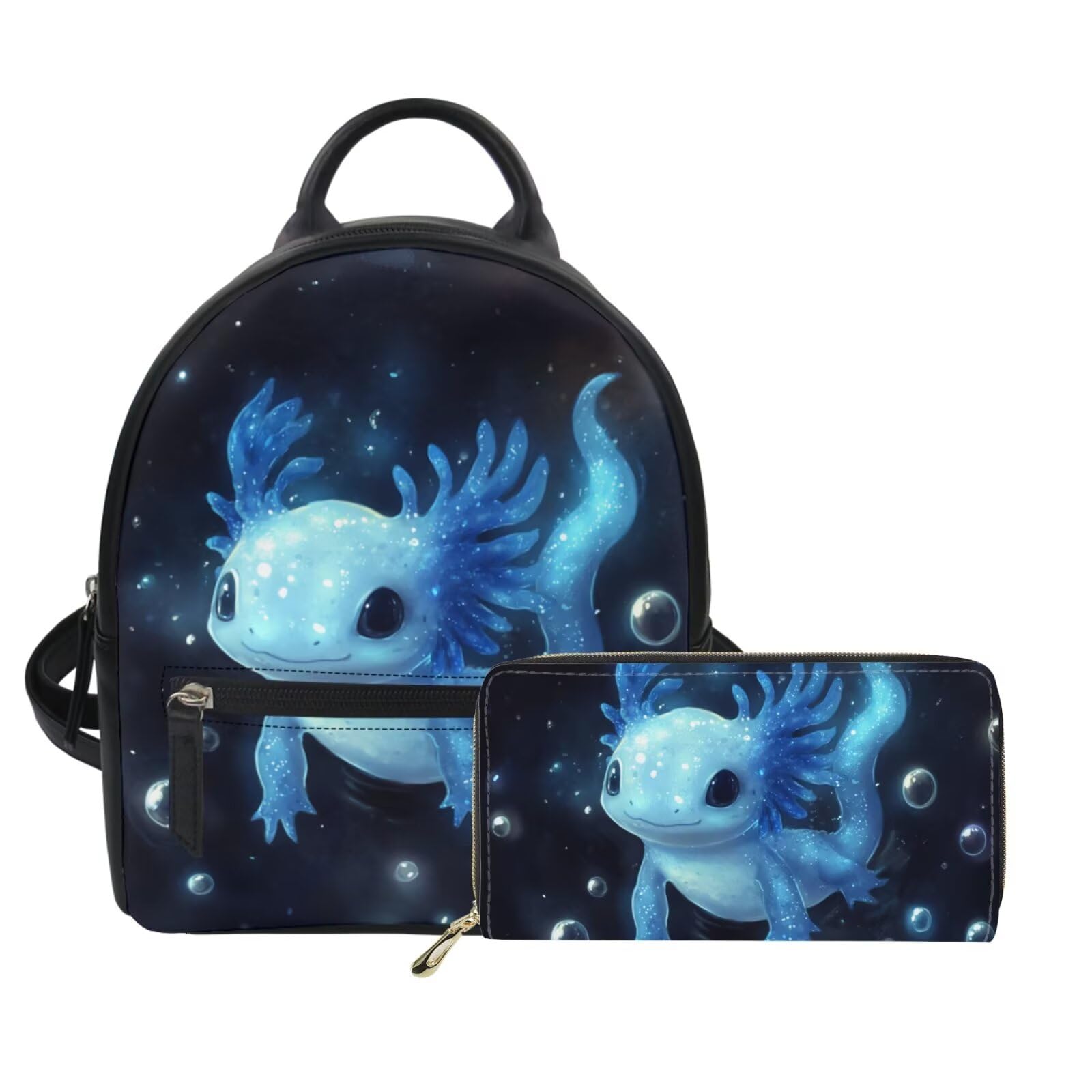 Blue Axolotl Backpack Purse and Wallet Set for Women Teen Girls Cute 2 Piece Backpack Mini Purses for Ladies Tote Handbags Travel Shoulder Bag Lightweight Daypack Rucksack