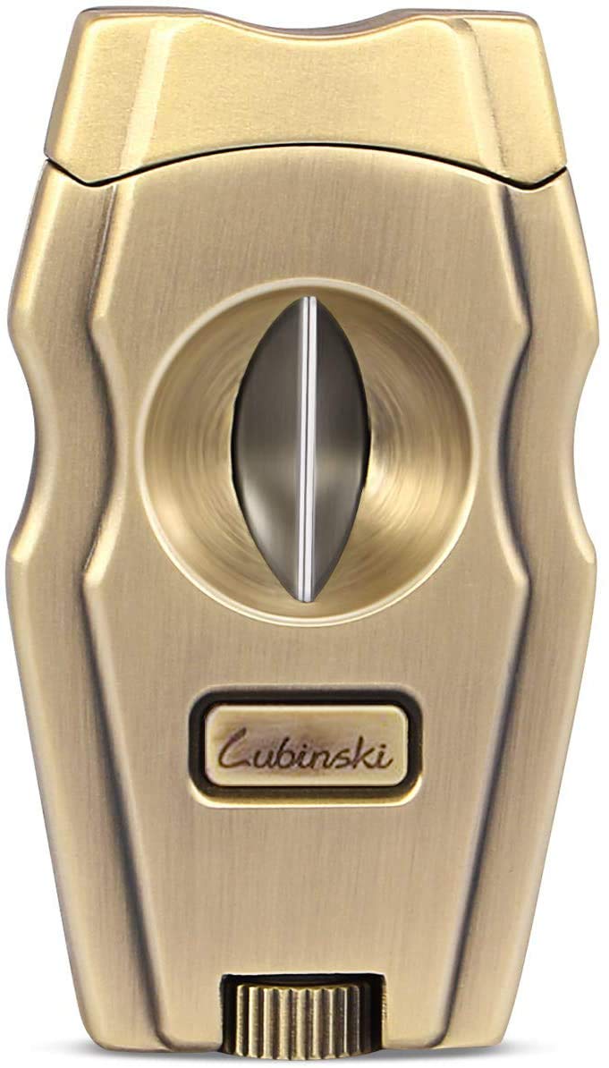 LUBINSKICigar Cutter Stainless Steel V-Cut Built-in Cigar Punch, Ergonomic Design Sharpening V Cut Blades Cigar Cutter with Elegant Gift Package Box, Bronze